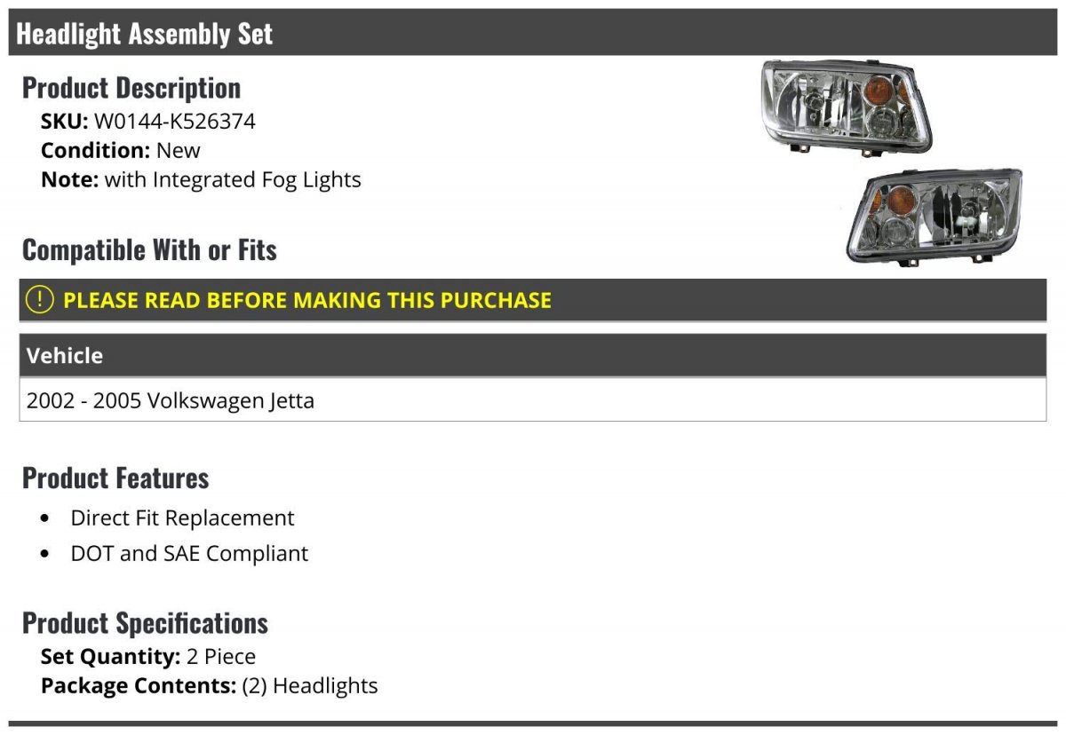 Headlight Assembly Set Of 2 With Integrated Fog Lights For 2002-2005 Volkswagen Jetta