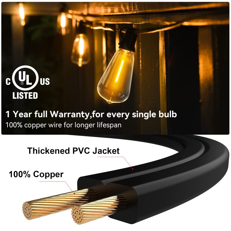 52ft Led Outdoor String Lights Patio With 27 Shatterproof St38 Vintage Edison Bulbs Waterproof Hanging For Backyard Cafe