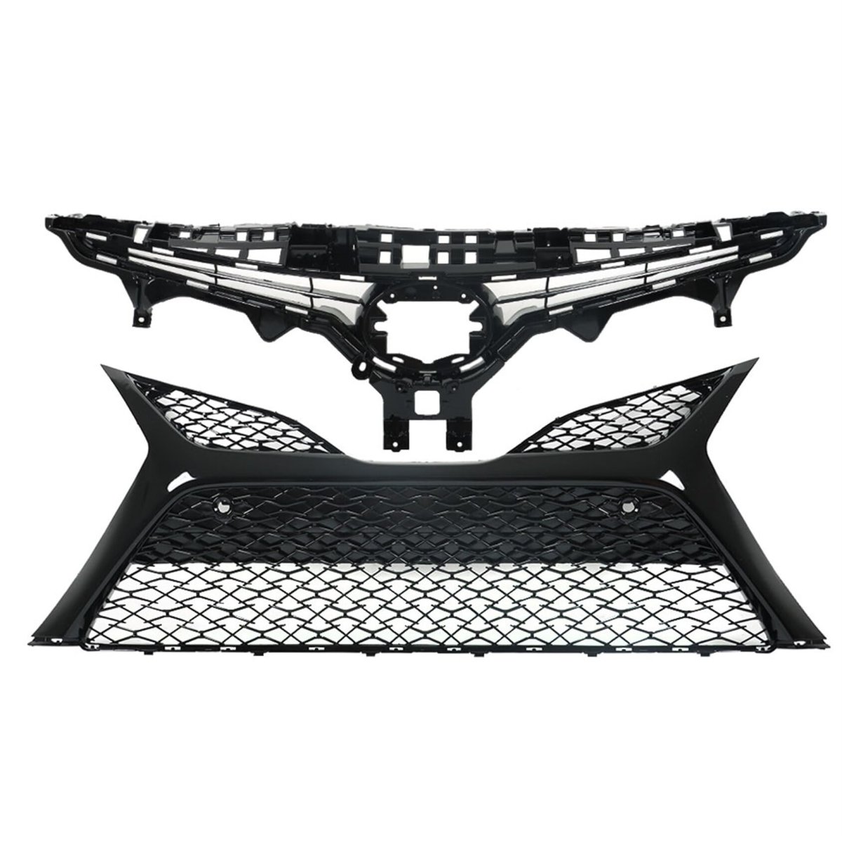 Front Upper Lower Grille Grill Glossy Black Mesh 2pcs Kit With Sensor Holes Replacement For 2018 2019 2020 Camry Se Xse