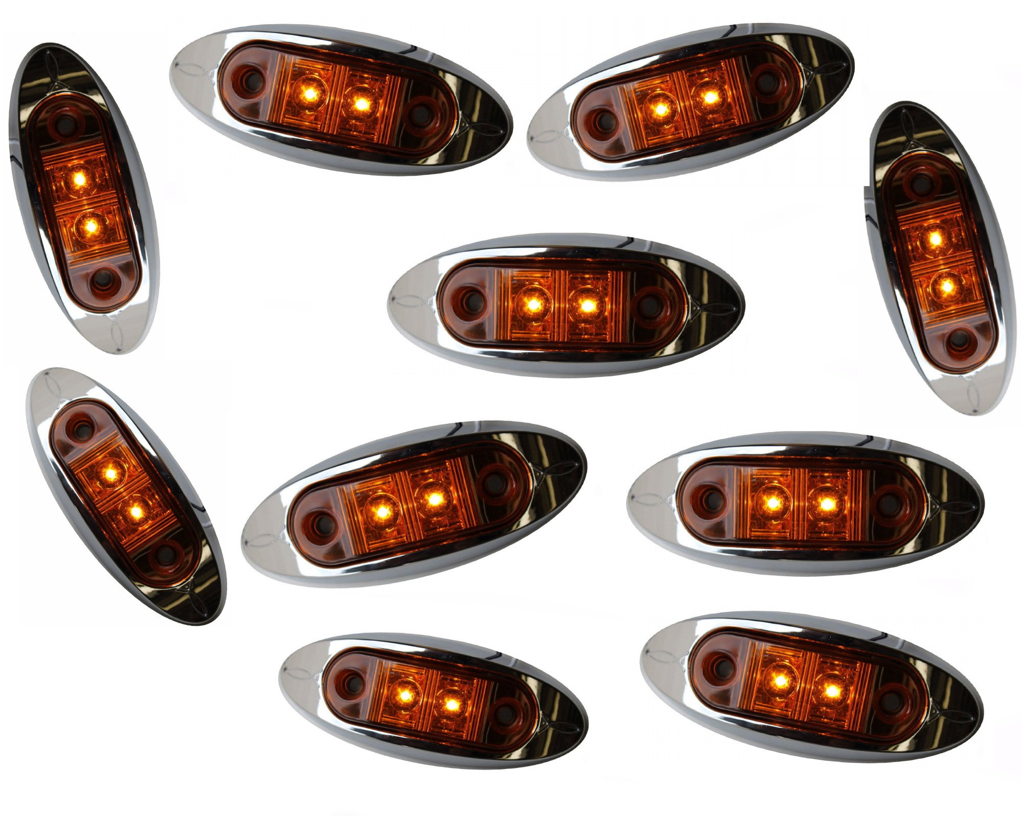 Set Of 10 Amber Oval Led Clearance Side Marker Lights With Chrome Bezel 2 In Kl-15114ae For Trucks And Trailers