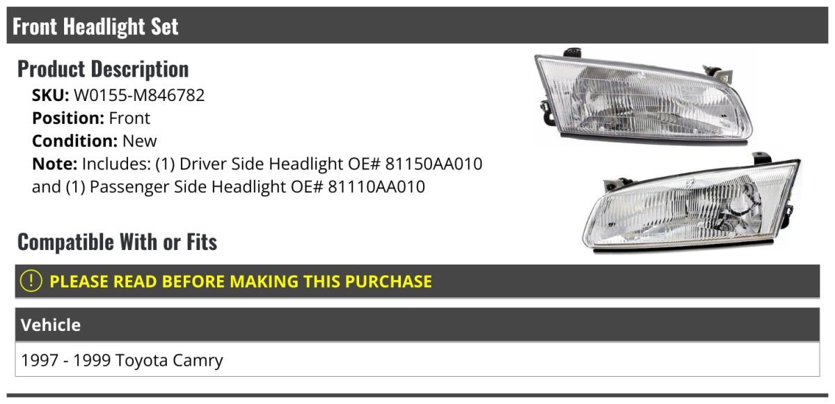 Front Headlight Set For 1997 1999 Toyota Camry Driver And Passenger Side Led Assemblies Clear Lens Waterproof W0155-m846782