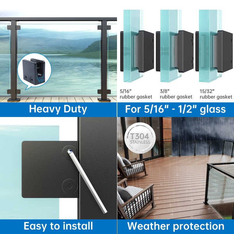 Muzata 4pack Black Glass Clamp For Thickness 5 16 2 8mm-12mm Stainless Steel Heavy Duty 1 3 X 1 4 Square Railing Balustrade