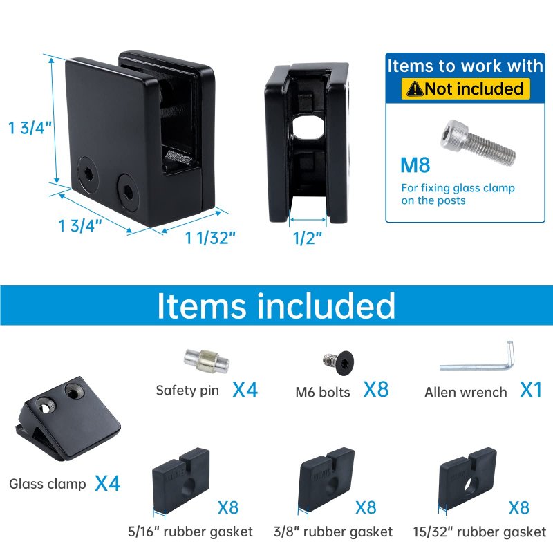 Muzata 4pack Black Glass Clamp For Thickness 5 16 2 8mm-12mm Stainless Steel Heavy Duty 1 3 X 1 4 Square Railing Balustrade