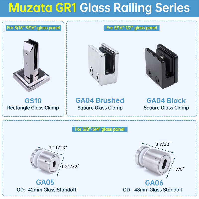 Muzata 4pack Black Glass Clamp For Thickness 5 16 2 8mm-12mm Stainless Steel Heavy Duty 1 3 X 1 4 Square Railing Balustrade
