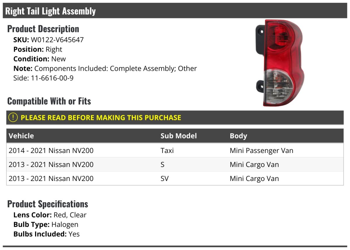 Right Passenger Side Halogen Tail Light Assembly With Bulbs For 2013-2021 Nissan Nv200