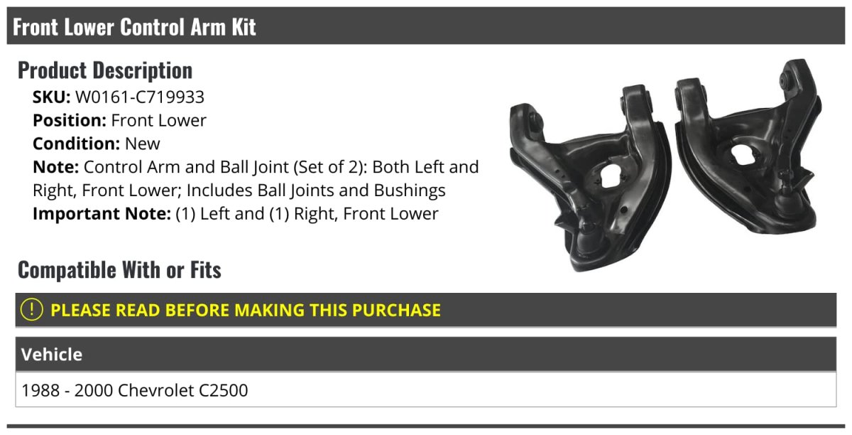 Front Lower Control Arm And Ball Joint Kit With Bushings For 1988 To 2000 Chevy C2500 2 Piece Set Left Right