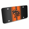 Ipick Image For Dodge Hellcat 3d Logo In Orange On Stripe Black Carbon Fiber Look Premium Stainless Steel License Plate Design
