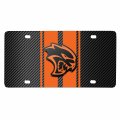 Ipick Image For Dodge Hellcat 3d Logo In Orange On Stripe Black Carbon Fiber Look Premium Stainless Steel License Plate Design