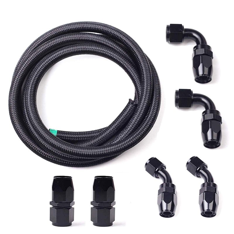 6an Nylon And Stainless Steel Braided Fuel Hose Kit 10ft Oil Gas Line With 6pcs Swivel Fittings Black