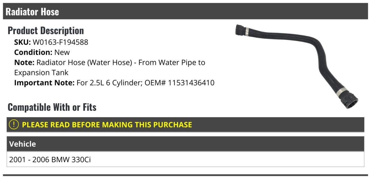 Radiator Hose From Water Line To Expansion Tank For 2001 2006 Bmw 330ci 2 5l 6 Cylinder 11531436410 Rubber Black