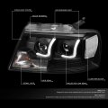Auto Dynasty Dual Led Drl L-bar Projector Black Clear Corner Headlight Tool Kit Compatible With Ford F-150 Lincoln Mark Lt