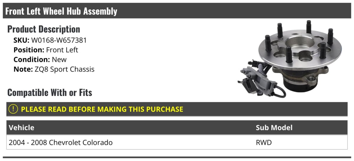 Front Left Driver Side Wheel Bearing Hub Assembly For 2004-2008 Chevy Colorado Rwd With Zq8 Sport Chassis