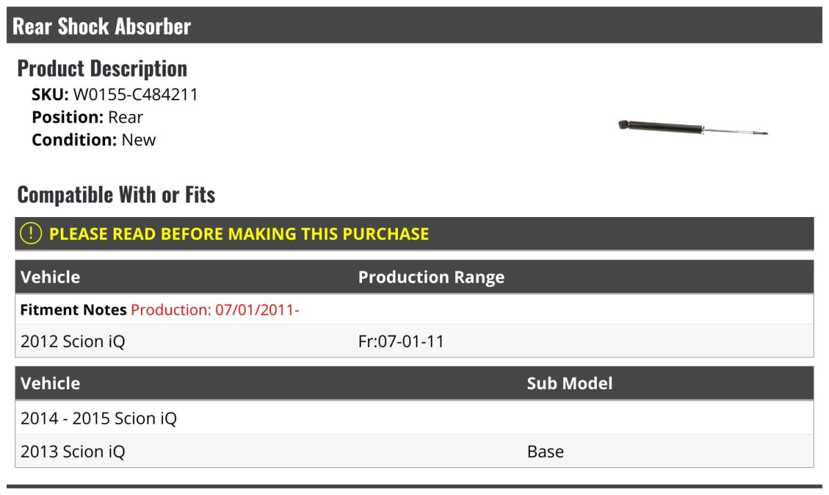 Rear Shock Absorber For 2012-2015 Scion Iq Base From 07 01 2011