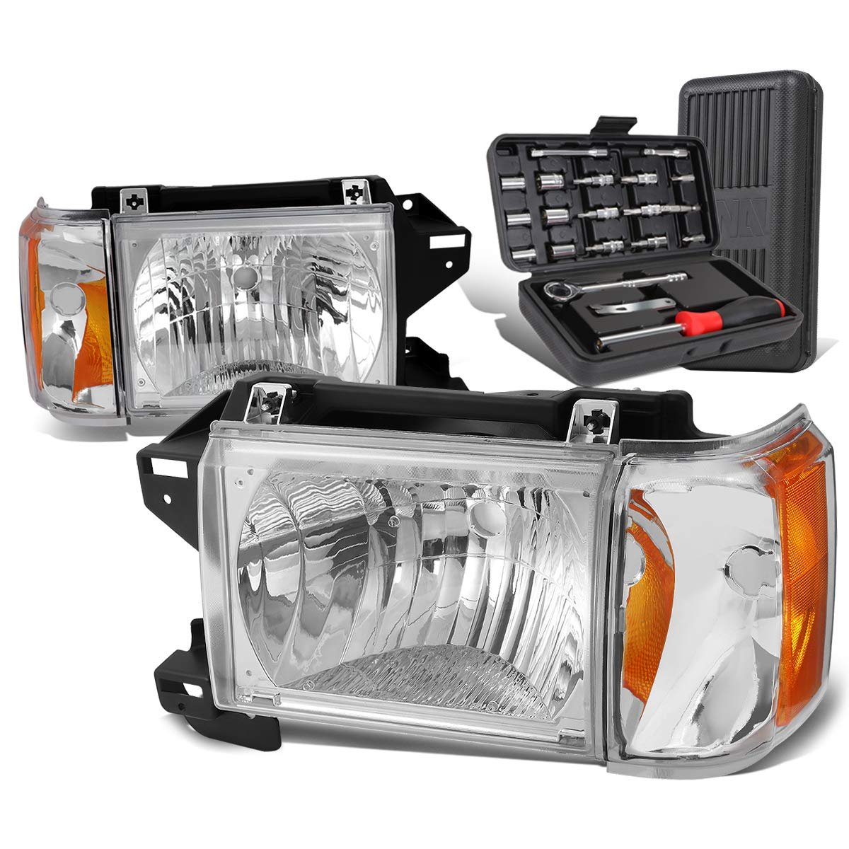 Chrome Houisng Amber Side Headlight Head Lamps Tool Kit For Ford F-150 F-250 F-350 Bronco 87-91