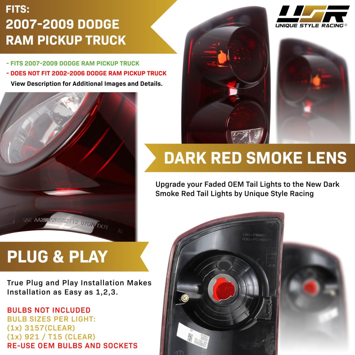 Usr 07-09 Ram Pickup Tail Light A Pair Of Lamps Left Right For 2007-2008 Dodge Pick Up 1500 Truck Pick-up 2500 And 3500 All