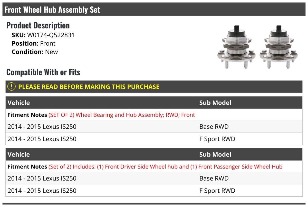 Front Wheel Bearing Hub Assembly Set Of 2 For 2014 2015 Is250 Rwd Base And F Sport Models