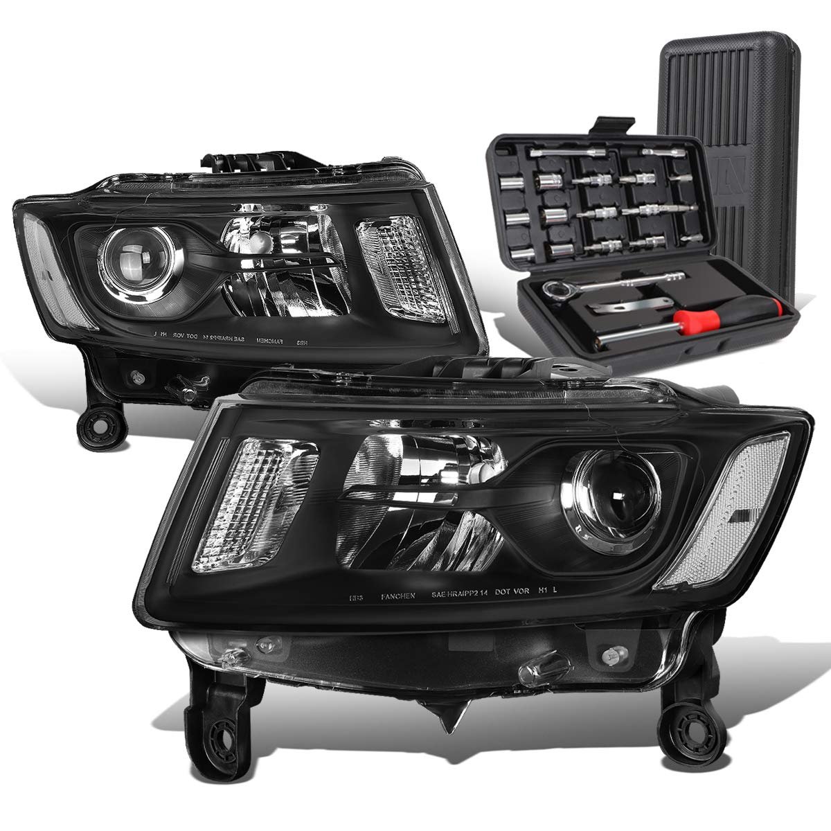 Auto Dynasty Black Housing Clear Side Projector Headlight Tool Kit For Jeep Grand Cherokee 14-16