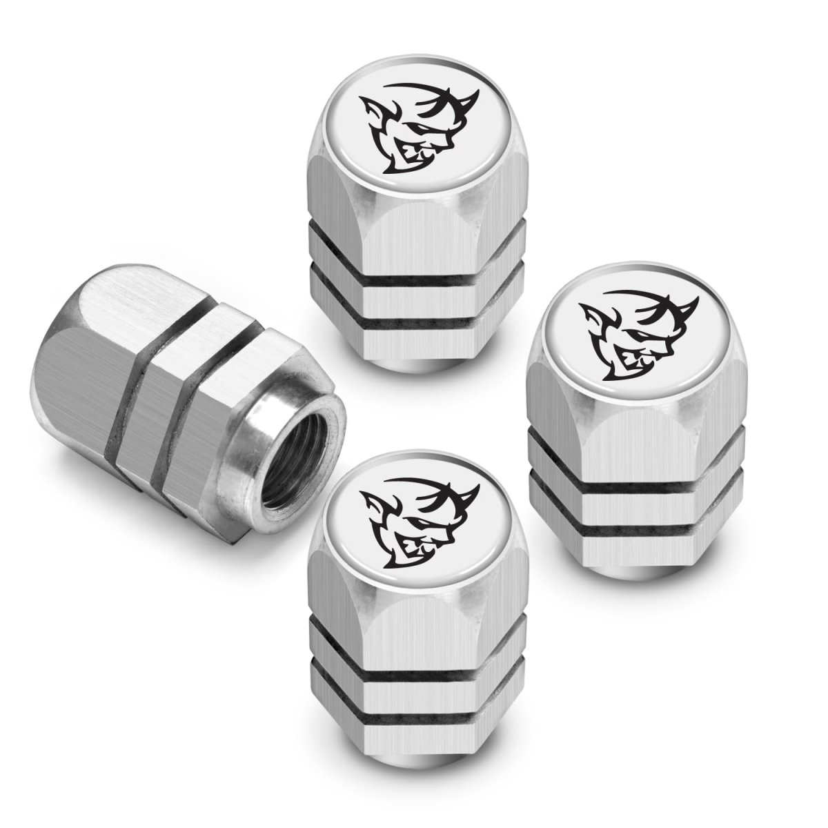 Dodge Demon In White On Silver Hexagon Shape Premium Anodized Aluminum Tire Valve Stem Caps Set Of 4