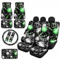 Jeocody Skull Print Car Seat Covers Set 2 Front Driver And Bench Protector Pads 4 Floor Mats 1 Steering Wheel Armrest Cover 