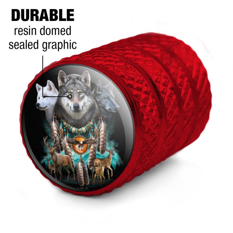 Native Land Wolves Deer And Eagle Valve Stem Caps For Tire Rim Wheel Red Aluminum Fits Schrader Valves 4 Piece Set