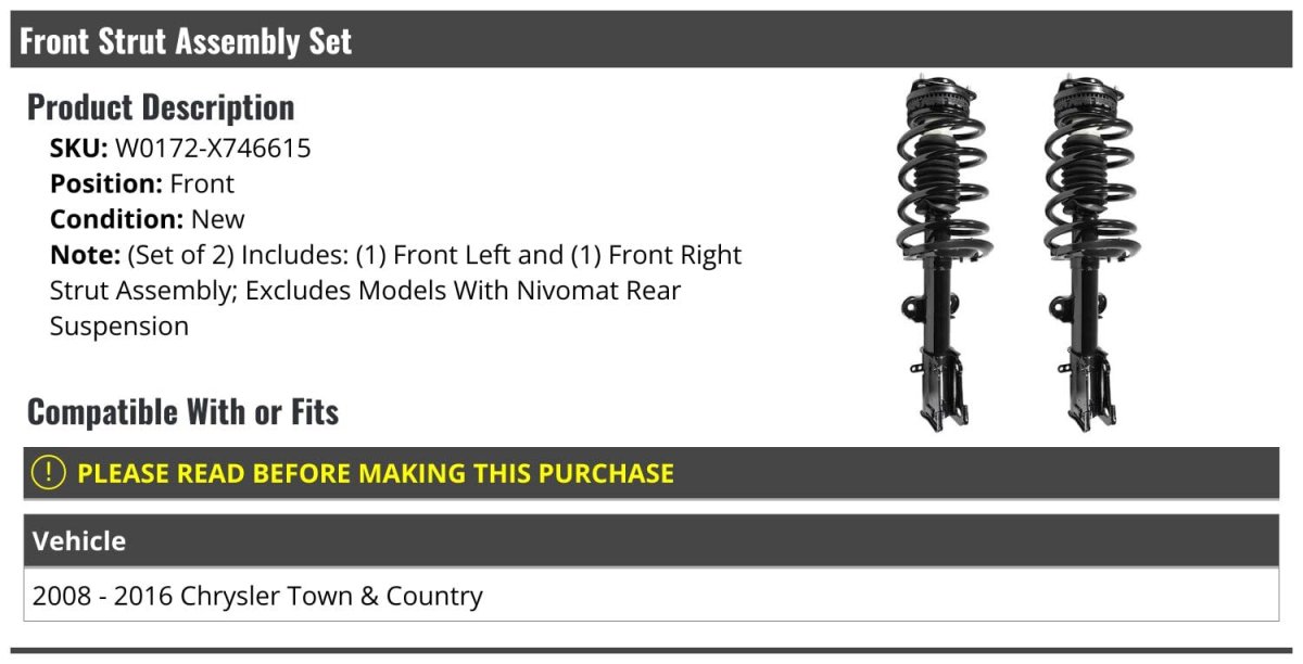 Front Strut And Coil Spring Assembly Set Of 2 For 2008 To 2016 Chrysler Town Country Excludes Models With Nivomat Rear