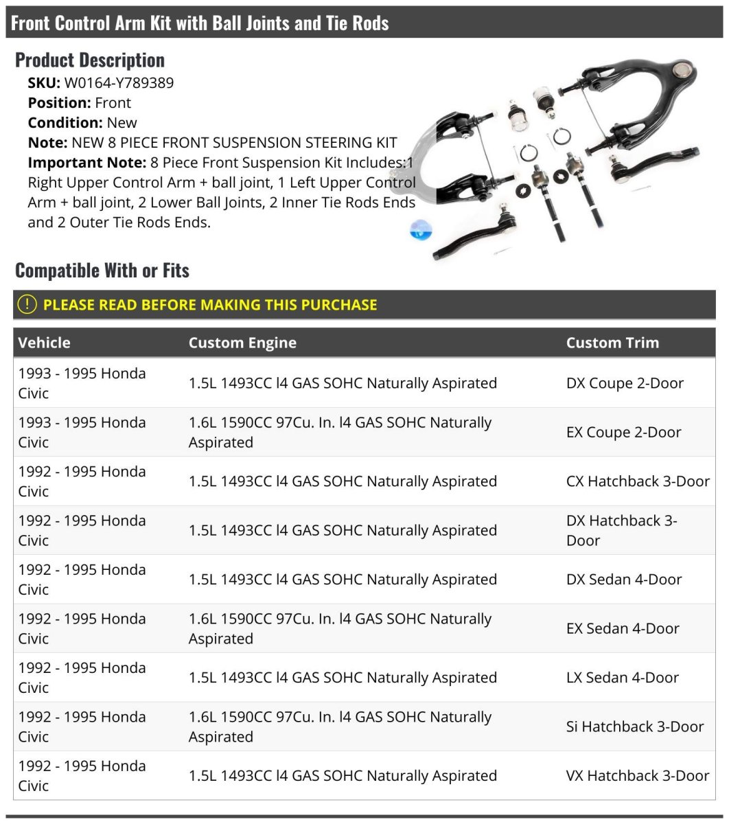 Front Control Arm Kit With Ball Joints And Tie Rods 8 Piece For 1992-1995 Honda Civic