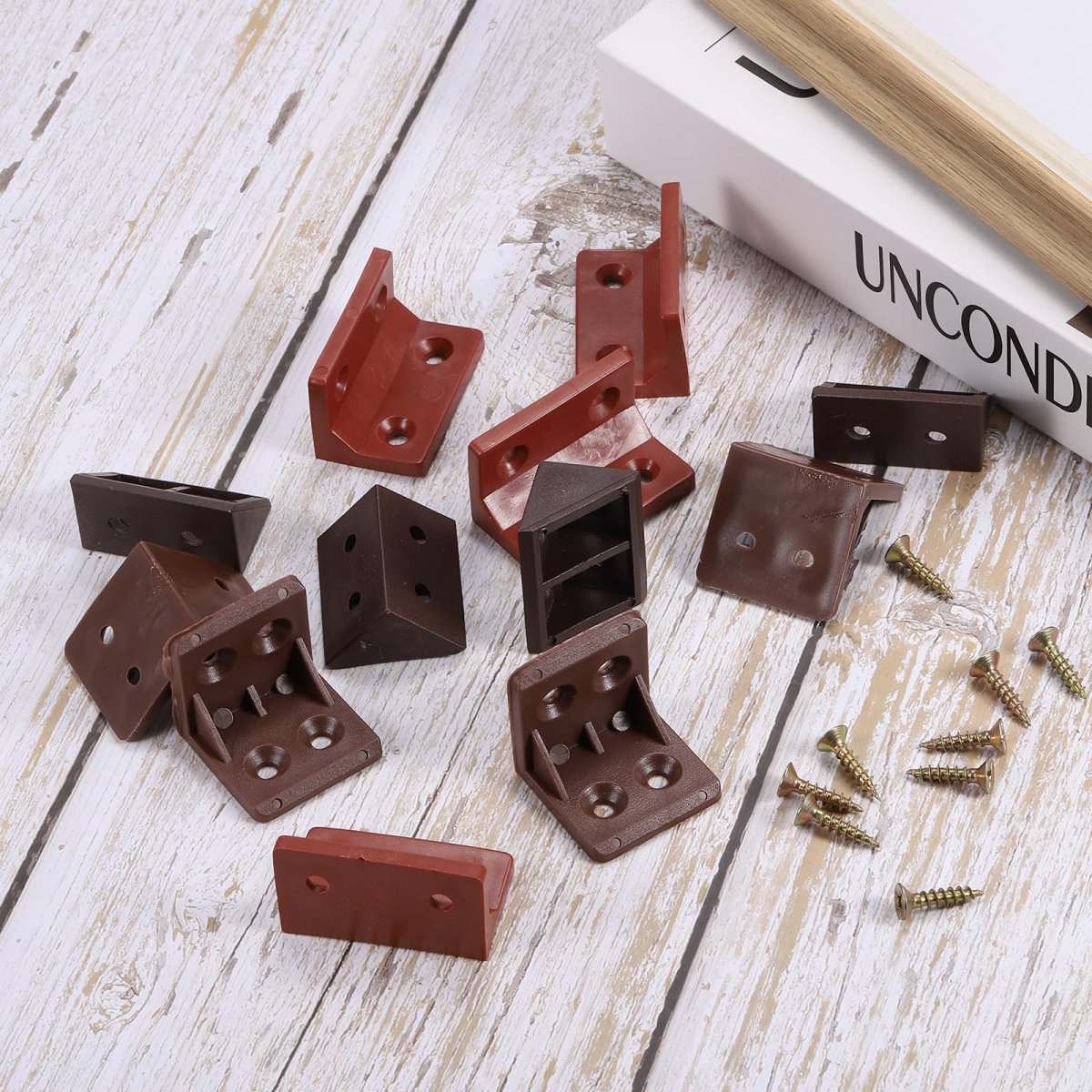 24 Piece 90 Degrees Plastic Corner Braces Nylon Shelf Right Angle Brackets With Screws For Cabinets And Cupboards Brown