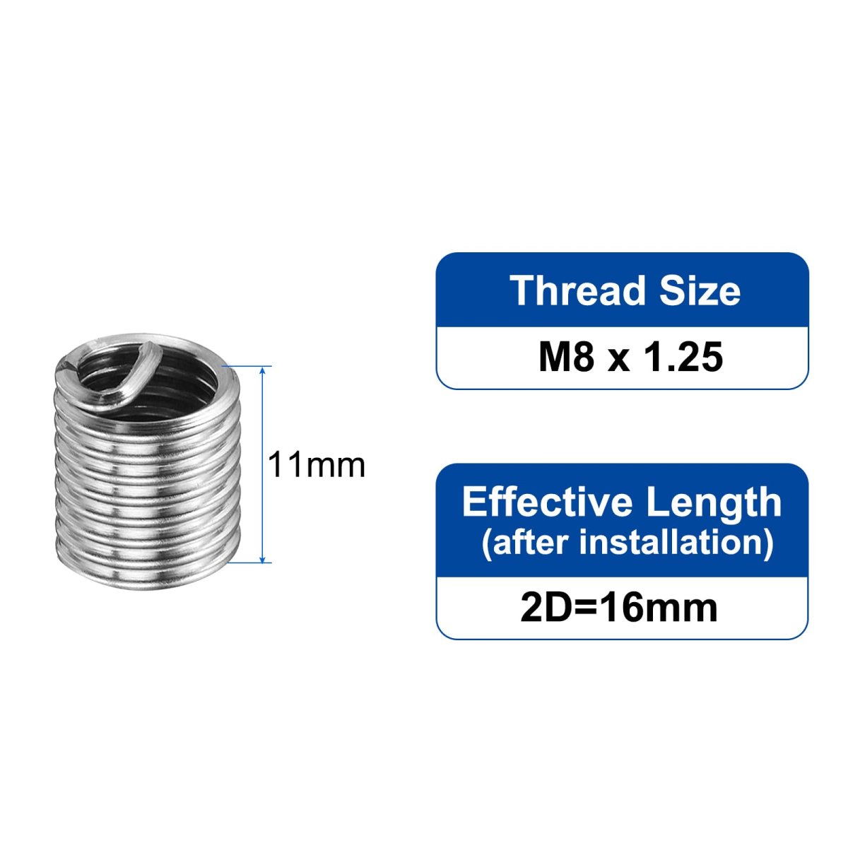 100pcs Wire Thread Inserts M8 X 1 25 2d 16mm Metric 304 Stainless Steel Helical Type Coiled Repair Kit Screw Threaded Sleeve