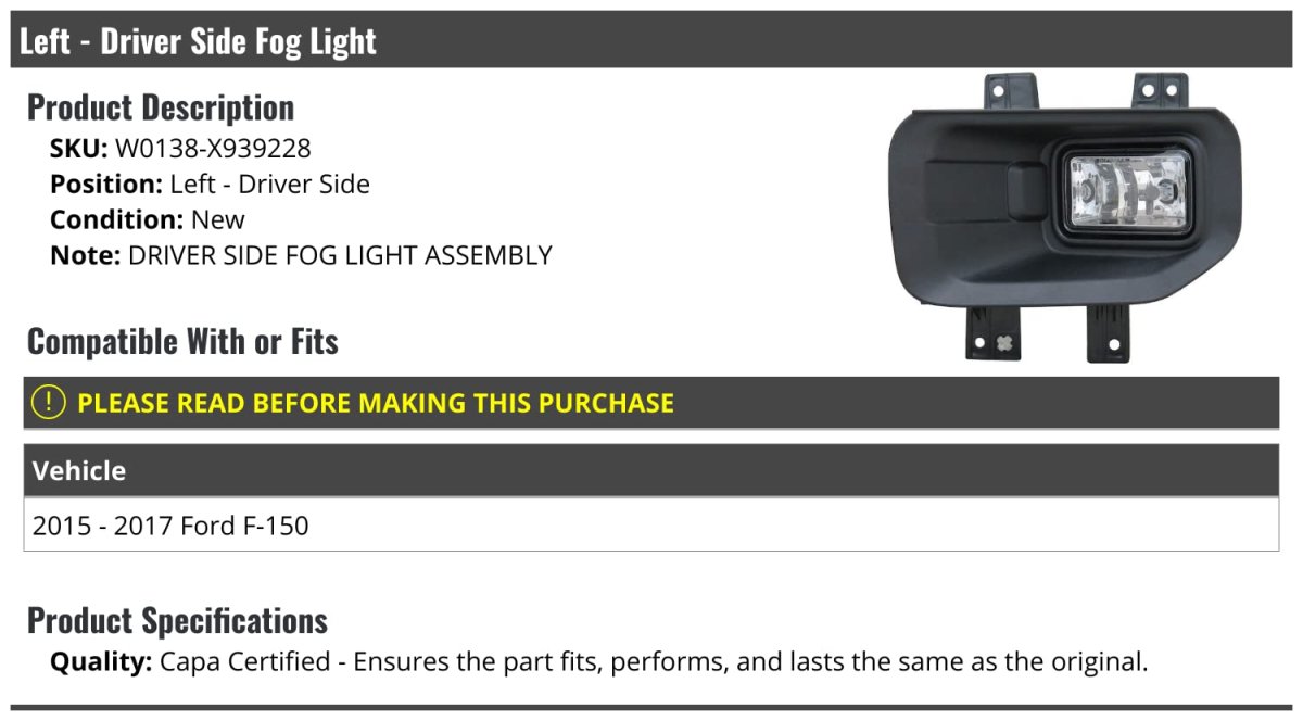 Left Driver Side Fog Light For 2015-2017 Ford F-150