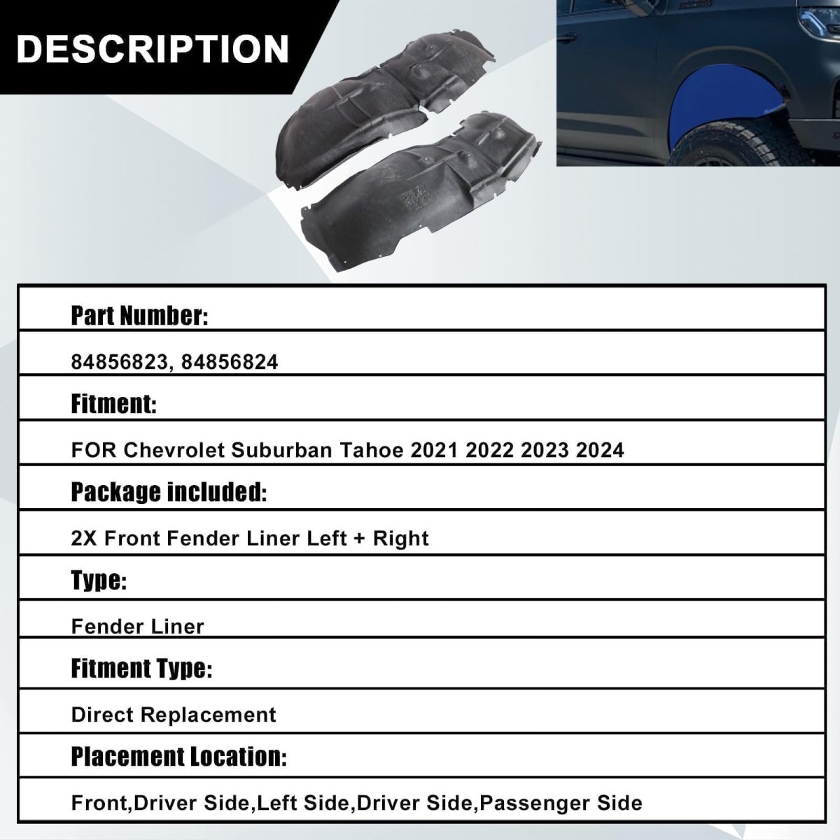 2pcs Front Fender Liners Left Right For Chevrolet Suburban Tahoe 2021 2022 2023 2024 Replace 84856823 84856824
