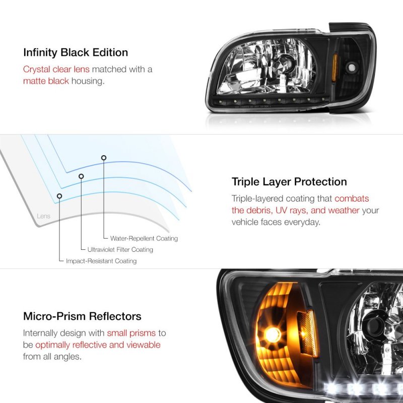 Led Strip Headlight Turn Signal Corner Lamp Assembly For 2001-2004 Toyota Tacoma Matte Black Housing Trim Driver And Passenger