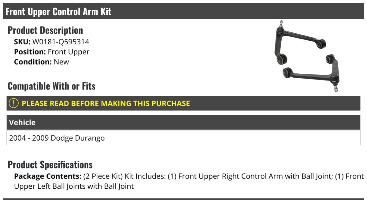 Front Upper Control Arm And Ball Joint Kit 2 Piece For 2004 2009 Dodge Durango