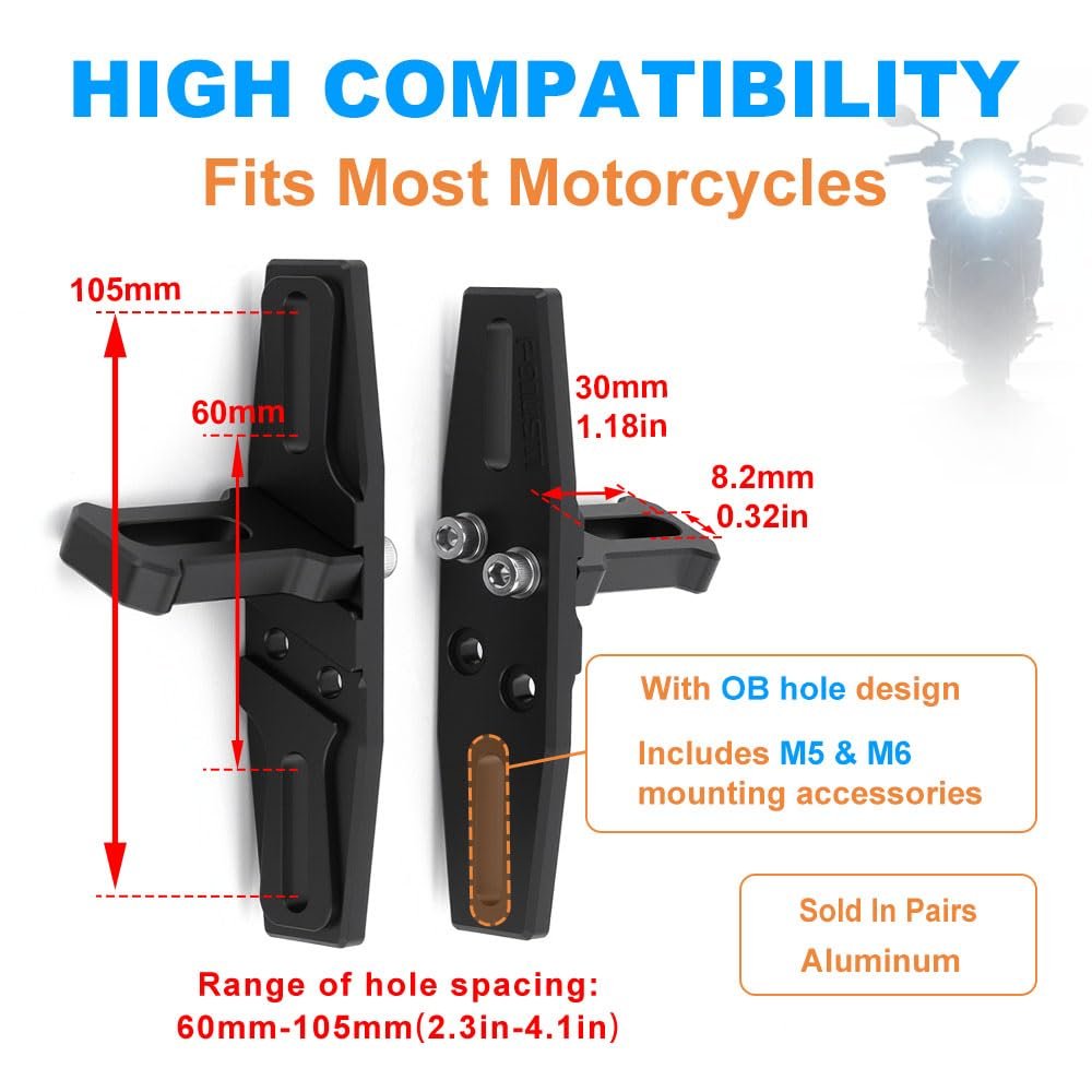 M8 Adjustable Universal Auxiliary Light Bracket For Motorcycle 60 To 105mm Bolt Spacing Aluminum Fender Mount With M5 And M6