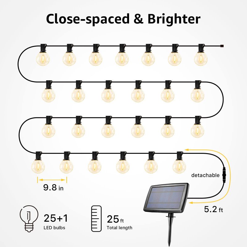 Solar Outdoor String Lights 25ft 26 Led G40 Globe Bulbs Usb Rechargeable Portable Edison Bistro Warm White Waterproof For Patio