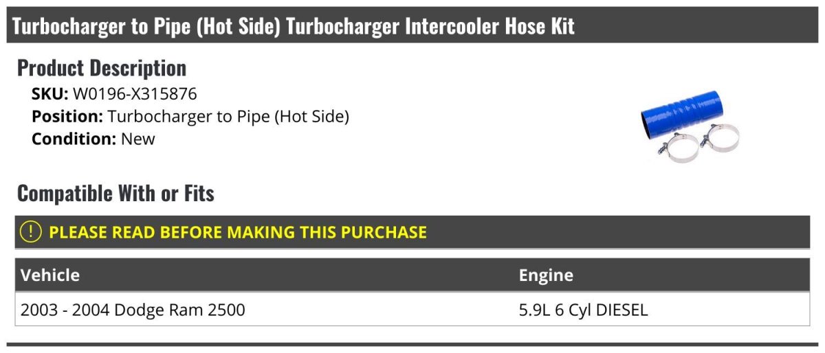 Turbo To Line Hot Side Turbocharger Intercooler Hose Kit For 2003-2004 Dodge Ram 2500 5 9l 6-cylinder Diesel