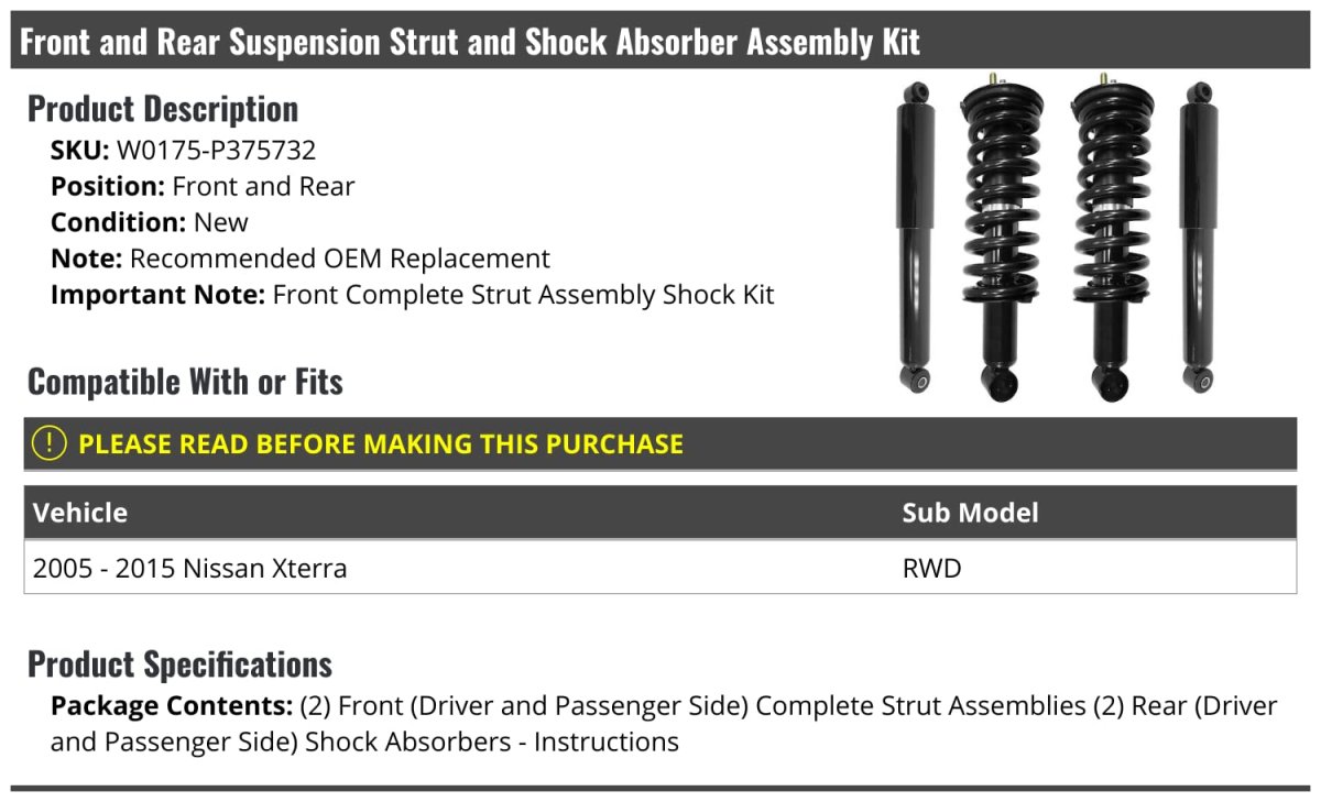 Front And Rear Strut Coil Spring Shock Absorber Assembly Kit 4 Piece For 2005-2015 Nissan Xterra Rwd