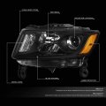 Black Housing Amber Side Projector Headlight Tool Kit Compatible With Jeep Grand Cherokee 14-16