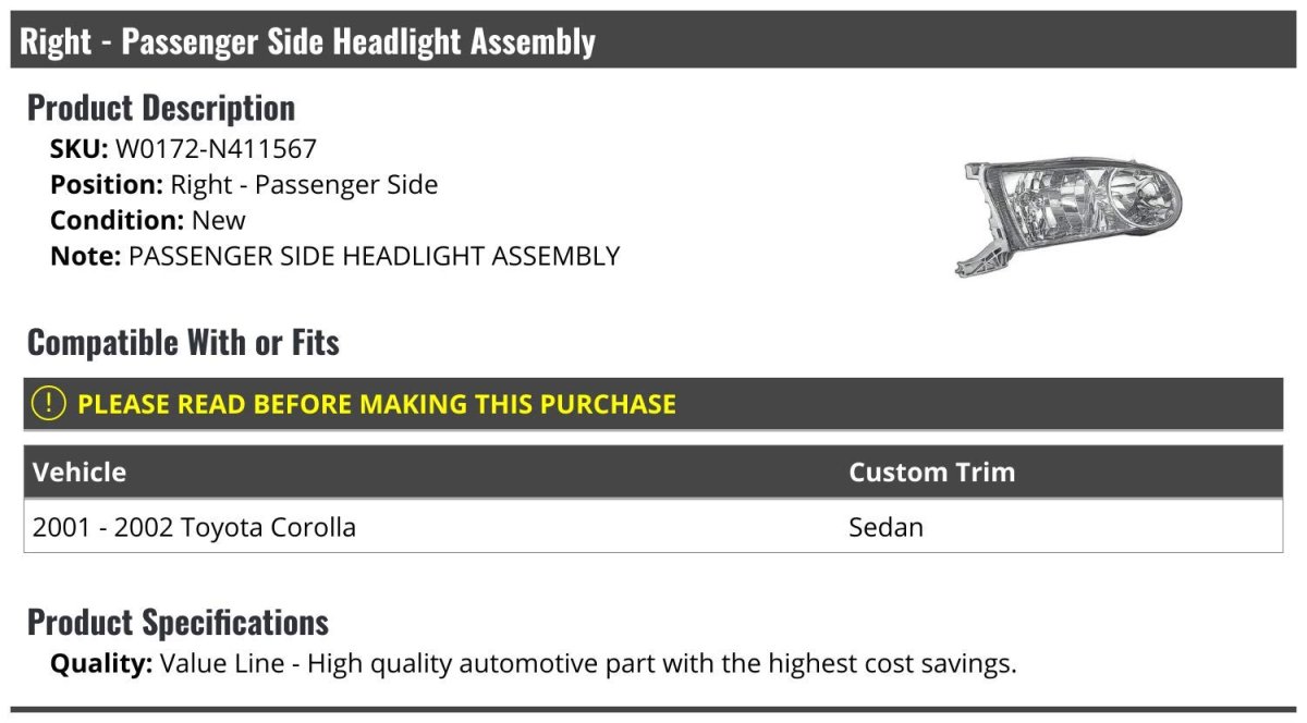 Right Passenger Side Headlight Assembly For 2001-2002 Toyota Corolla