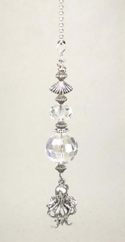 Clear Faceted Glass And Small Silvery Octopus Ceiling Fan Pull Chain