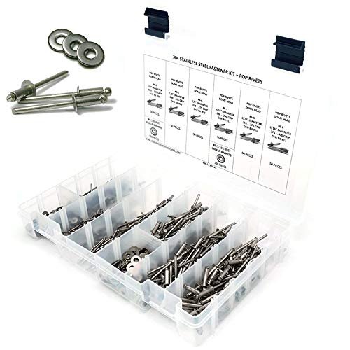 Stainless Steel Domed Pop Rivet Fastener Assortment Kit With Backing Washers 601 Pieces 304 Grade Sizes 4 1 8 To 6 3 16