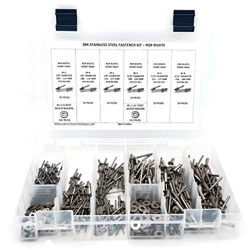Stainless Steel Domed Pop Rivet Fastener Assortment Kit With Backing Washers 601 Pieces 304 Grade Sizes 4 1 8 To 6 3 16