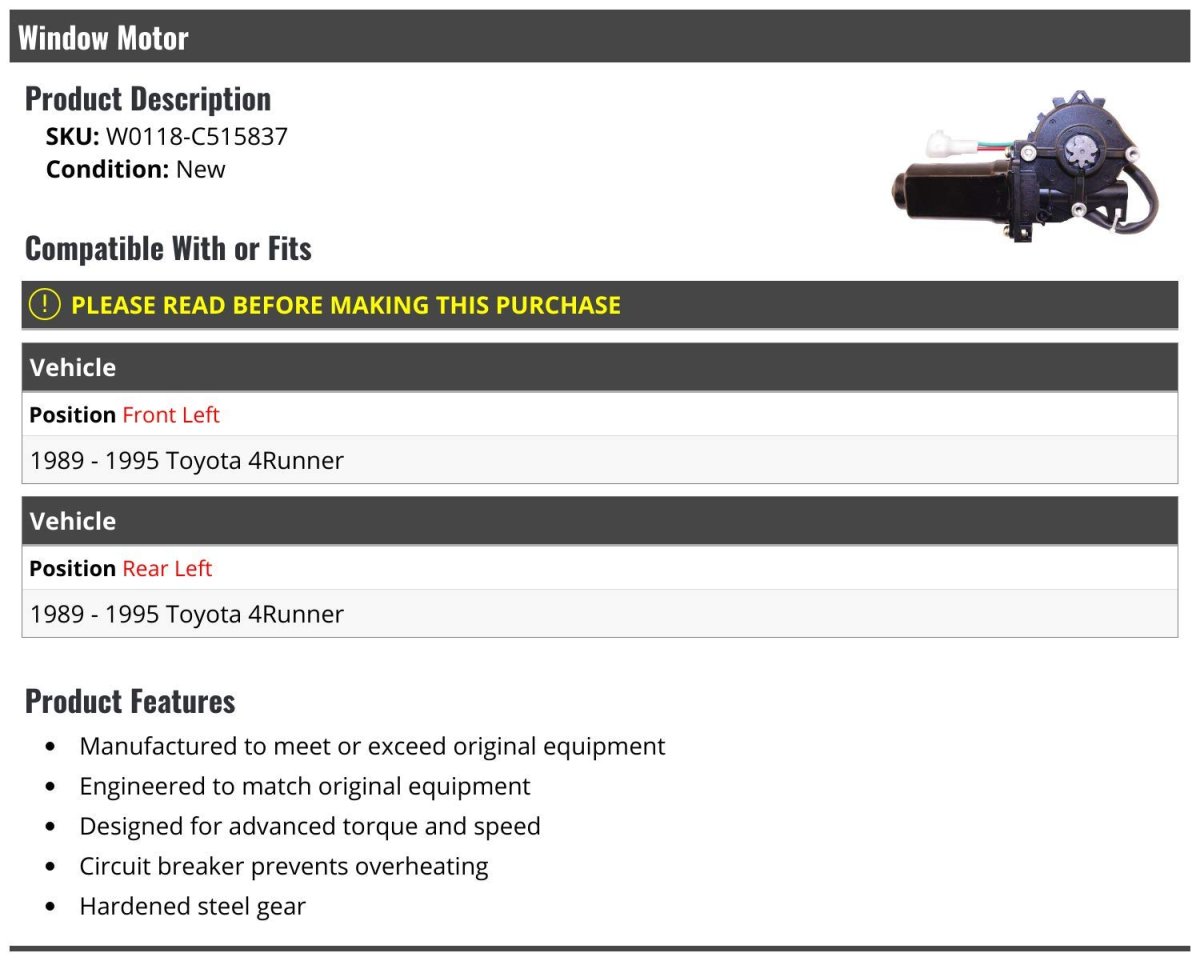 Window Motor For 1989-1995 Toyota 4runner