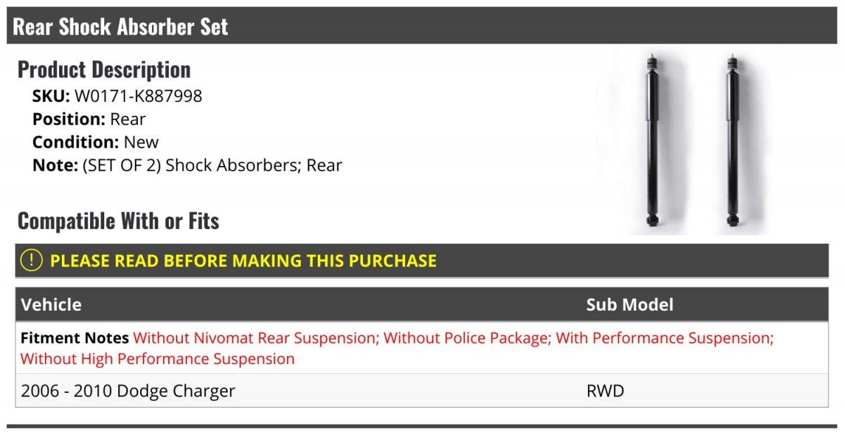 Rear Shock Absorber Set 2 Piece For 2006-2010 Dodge Charger Rwd Without Nivomat Suspension Without Police Package Performance