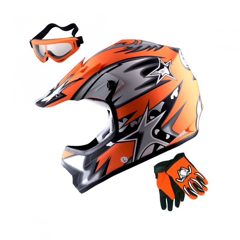 1storm Youth Motocross Helmet Bmx Mx Atv Dirt Bike Matt Star Orange Goggles Mg Glove Bundle
