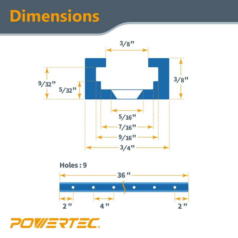 Powertec 71861 36 Inch X4 Universal Track With 100 Pcs Wood Screws Double-cut Profile T Predrilled Mounting Holes