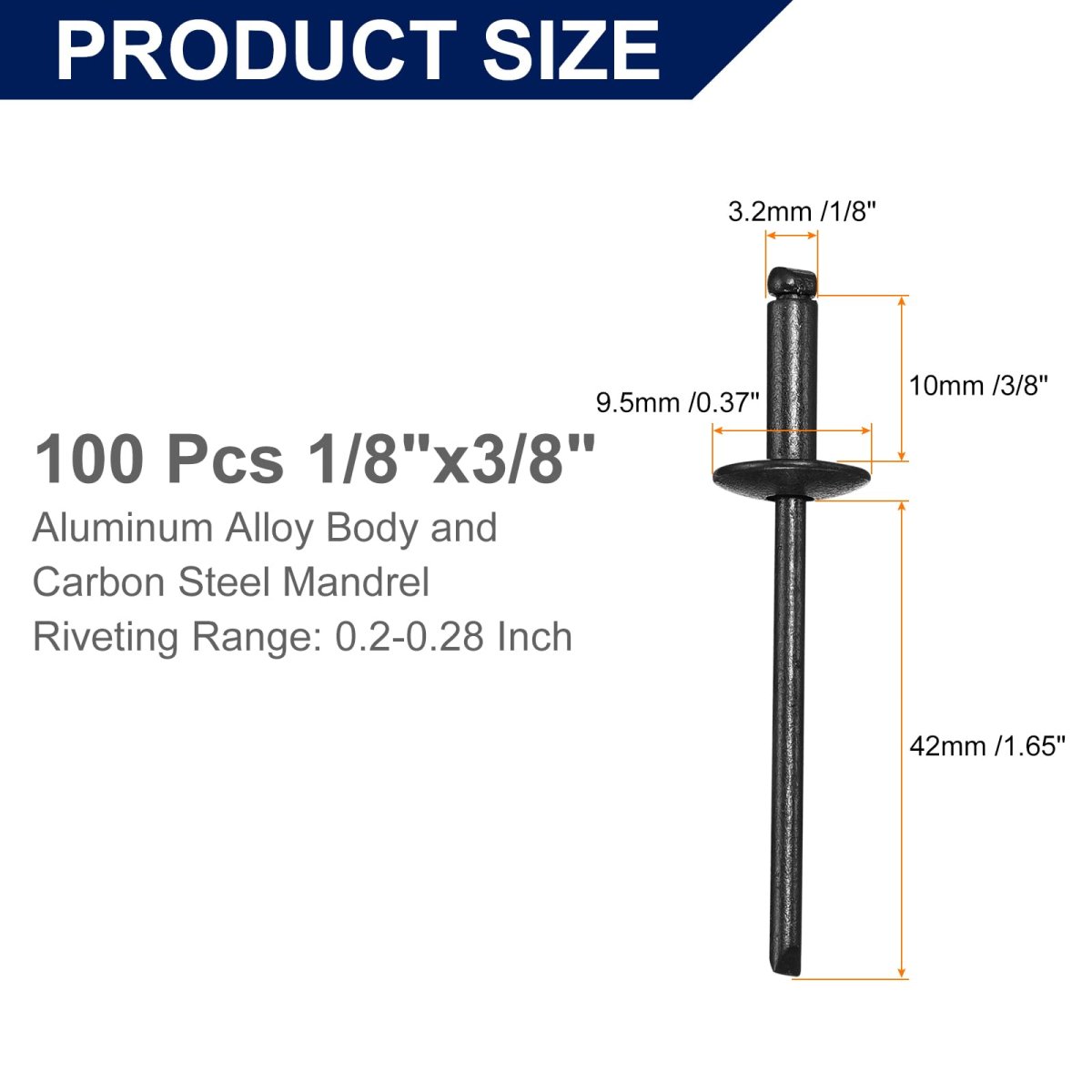100pcs 1 8 X3 Aluminum Blind Rivets Grip And Steel Mandrel Large Flange Fastener For Metal Furniture Automotive Black
