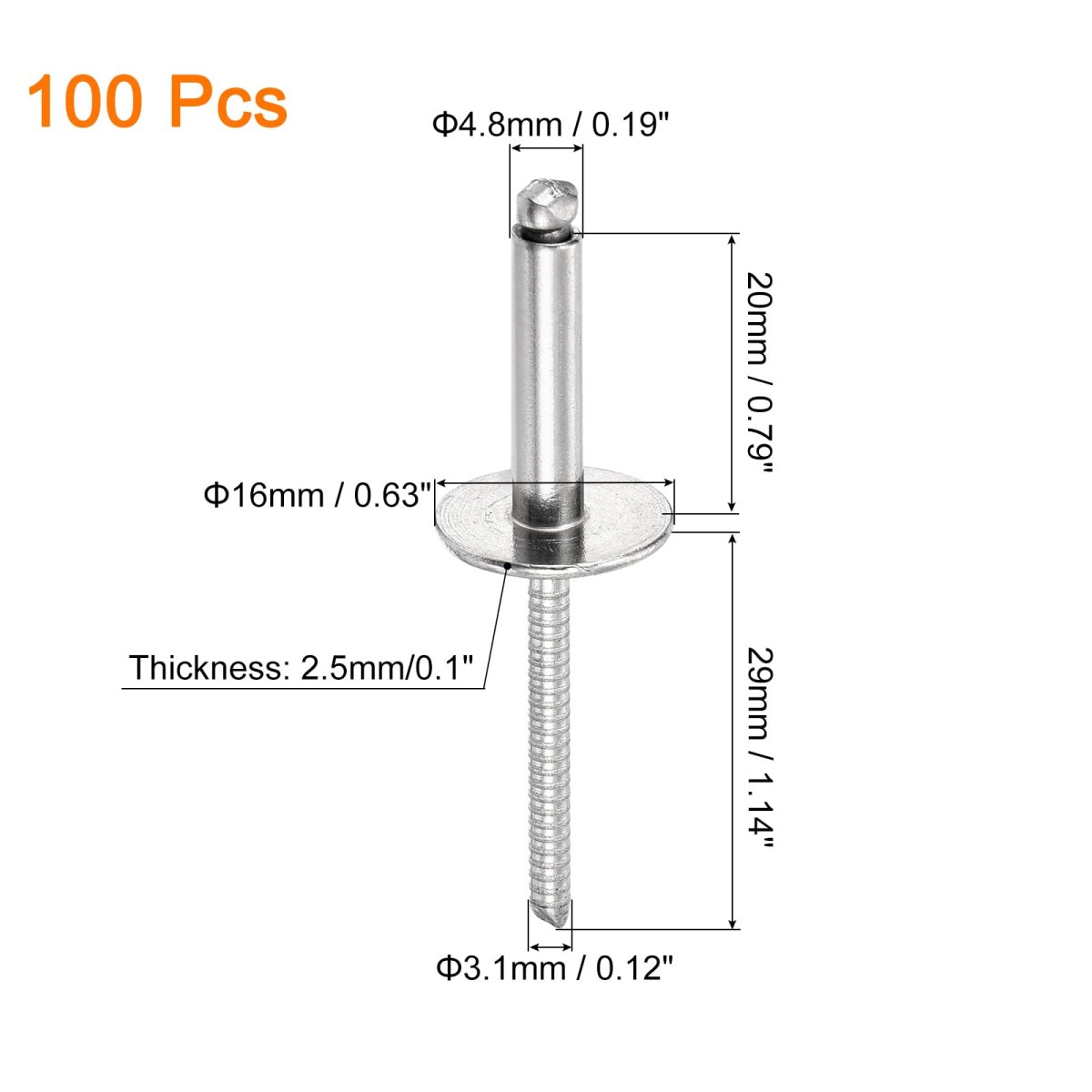 100pcs 3 16 X3 4 304 Stainless Steel Large Flange Round Head Rivets Cap Open End Blind For Construction Automotive
