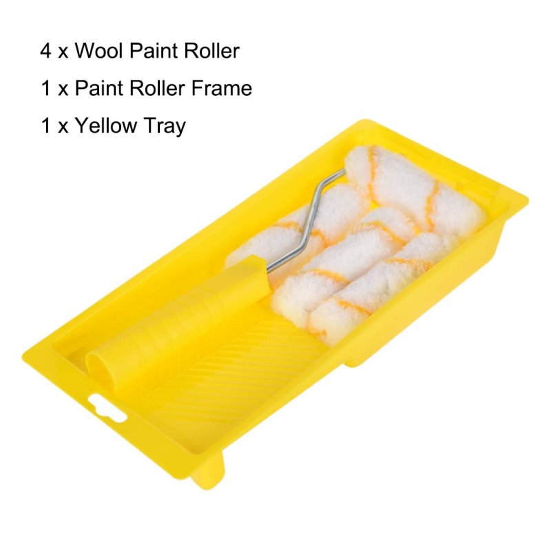 Paint Roller Kit 4 Inch 4xwool Covers 1xpaint Frame Tray 7pcs