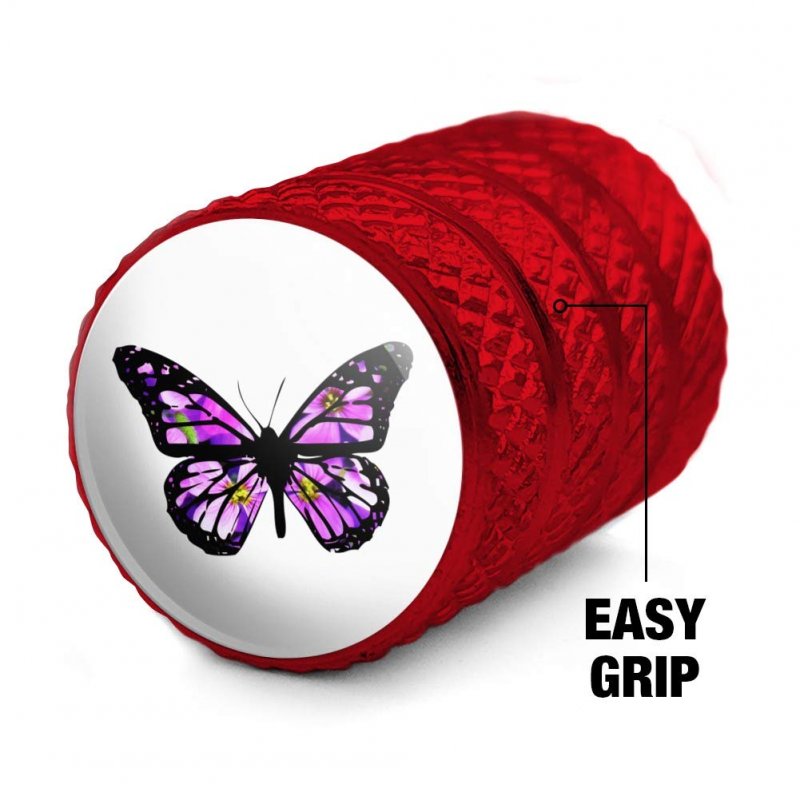 Butterfly With Flowers Aluminum Tire Rim Wheel Valve Stem Caps Red Metal Air Tight For Passenger Cars 4 Piece Set