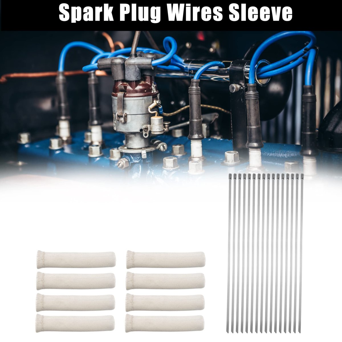 8 Pcs High Heat Shield Engine Spark Plug Wire Boots Protector Sleeve Cover With 16 Stainless Steel Cable Ties Set For Car White